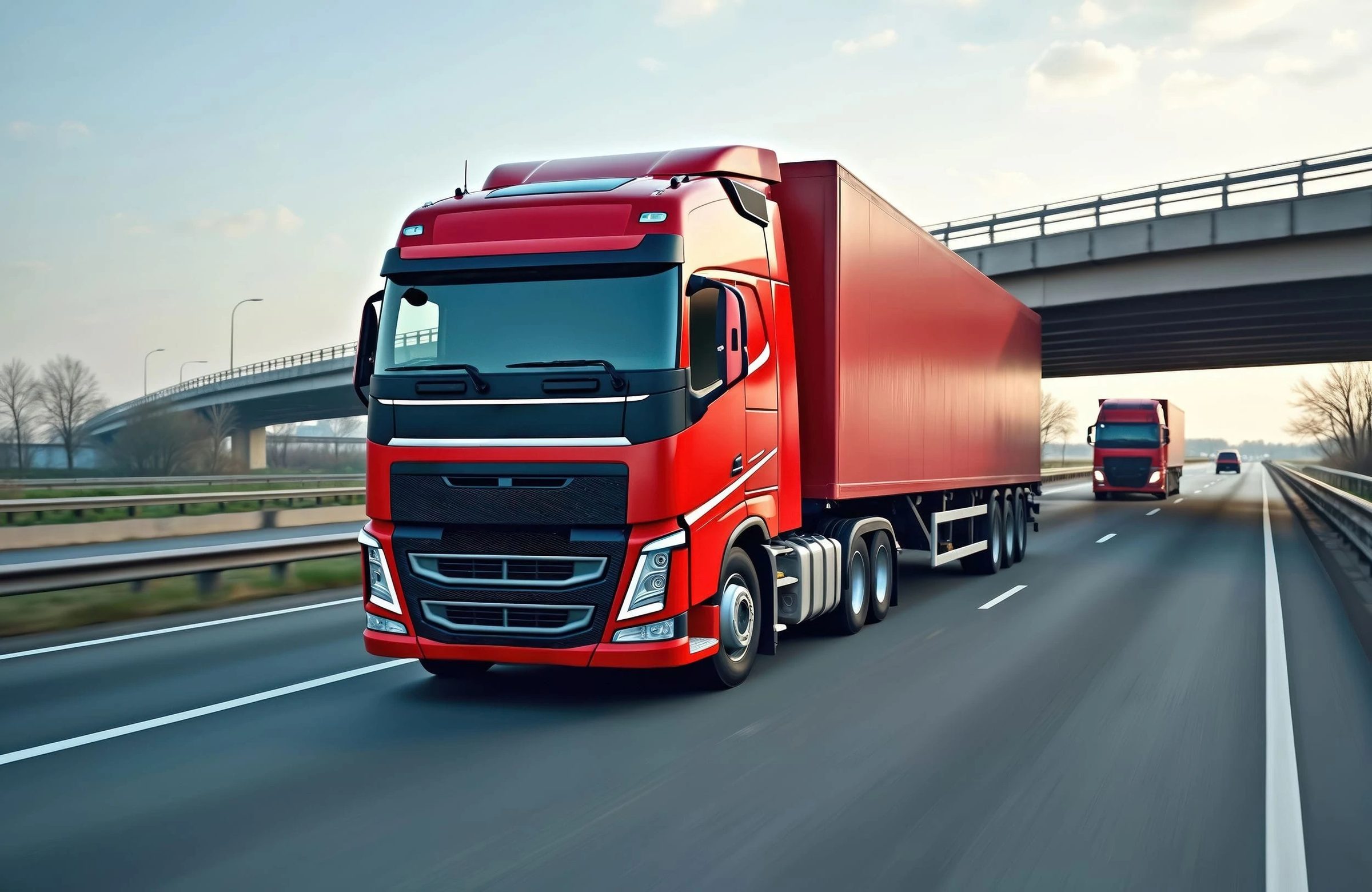 A red prime mover and curtain-side trailer travelling on a motorway